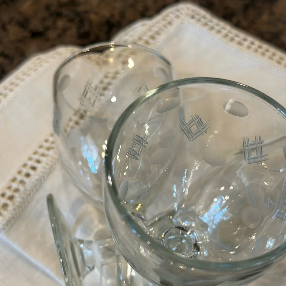 Standard Glass Co Criss Cross and Punties Etched Wine Goblets Set of 3